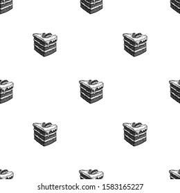Seamless pattern with carrot cake. Ink sketch on white background. Hand drawn vector illustration. Retro style.