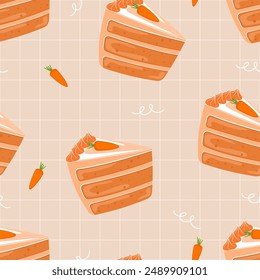 Seamless pattern with carrot cake. Vector pattern with pastry for wrapping paper, decoration, packaging, banners.