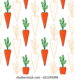 Seamless pattern with a carrot. Colorful vegetable and their outline on the white background
