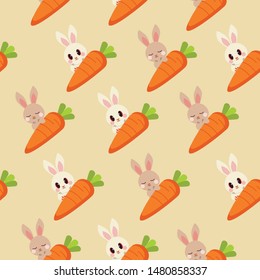 The seamless pattern of carrot and the cute brown and white rabbit in flat vector style. Illustration
 for background, graphic ,banner, sticker and greeting card.