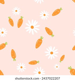 Seamless pattern with carrot and cute flower on pink background vector.