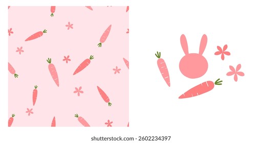 Seamless pattern with carrot and cute flower on pink background vector. Carrot, rabbit cartoon and pink flower icon set.