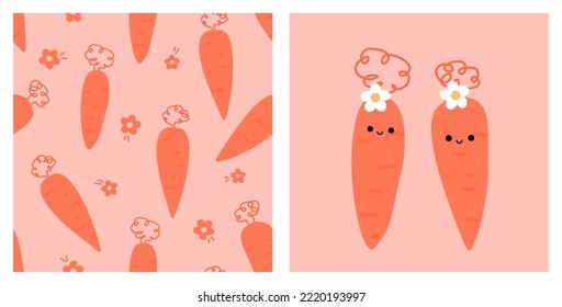 Seamless pattern with carrot and daisy flower on pink background. Cute carrot cartoons vector illustration.