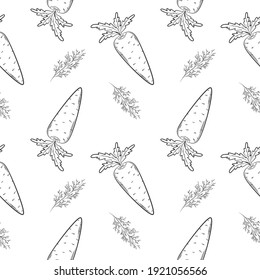 Seamless pattern with carrot and dill. Black and white pattern with vegetables. Elements in the linear style are isolated without a background. For the design of kitchen accessories and food packaging