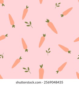 Seamless pattern with carrot and green leaves on pink background vector.