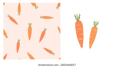 Seamless pattern of carrot with green leaves on orange background. Carrot icon signs vector.