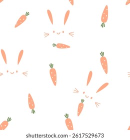 Seamless pattern of carrot with green leaves and rabbit face on white background vector.
