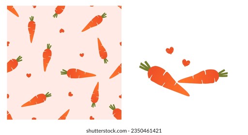 Patrón sin brillo con zanahoria y corazones sobre fondo naranja. Signo de icono de restricción aislado en la ilustración vectorial de fondo blanco.