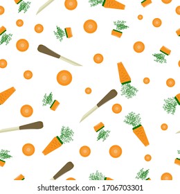 Seamless pattern with carrot and knife. Food illustration. Orange slices of vegetable. Green grass