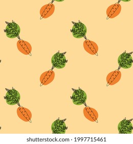 Seamless pattern with carrot on beige background. Continuous one line drawing carrot. Black line art on beige background with colorful spots. Vegan concept