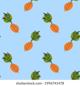Seamless pattern with carrot on blue background. Continuous one line drawing carrot. Black line art on blue background with colorful spots. Vegan concept