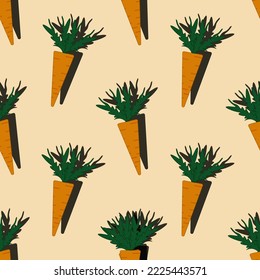 Seamless pattern with carrot on orange background with shadows. Print for wallpaper, bed linen and fabric.