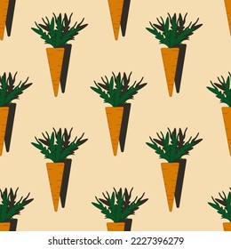 Patrón sin foco con zanahoria sobre fondo naranja con sombras. Impresión para papel pintado, ropa de cama y tela.