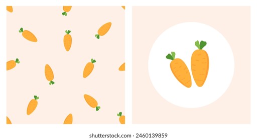 Seamless pattern with carrot on orange background vector. Carrot logo sign on circle label.