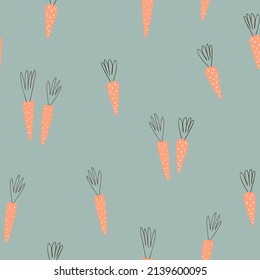 Seamless pattern with carrot on pastel blue background. Spring digital background with vector hand drawn elements. Seamless pattern for kids fabric, textile and scrapbook paper.