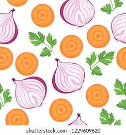 Seamless pattern with carrot, onion and parsley on a white background. Vector illustration of fresh vegetables in a simple cartoon flat style.