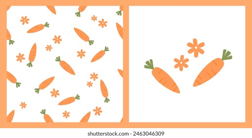 Patrón sin fisuras con la zanahoria y la flor de naranja sobre fondo blanco. Vector de signo de icono de flor y zanahoria.