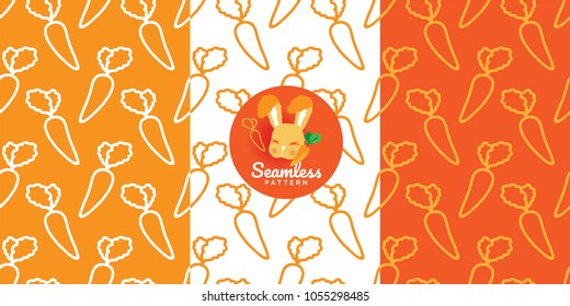 Seamless pattern of carrot outlines on the different shades of orange and white color background. A cute bunny in a circle can be used as a logo. fabric, textile, tile and paper pattern design.