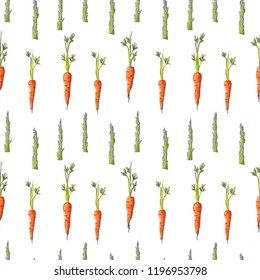Seamless pattern with carrots and asparagus. Vector illustration.
