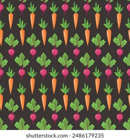 Seamless pattern with carrots and beets on a dark background. Can be used for tablecloths, wrapping paper, wallpaper, stationery. Vector illustration.