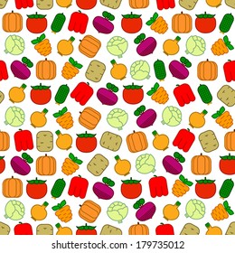Seamless pattern with carrots, beets, tomatoes, cabbages, peppers, cucumbers, potatoes, onions and pumpkins on white background