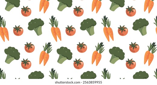 Seamless pattern with carrots, broccoli, and tomatoes 