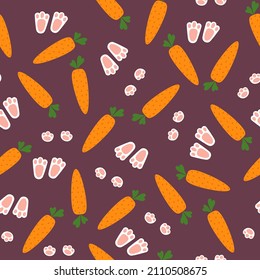 Seamless pattern with carrots and bunny footprints. Background for print, wallpaper, packaging paper design, textile, Easter and baby design.