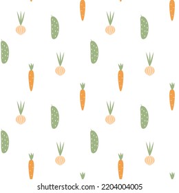 Seamless pattern with carrots, cucumber and onions. vector illustration