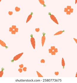Seamless pattern with carrots cut into heart shapes on pink background vector.