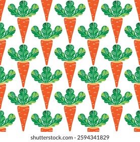Seamless pattern with carrots and decorative tops, created in a stylized graphic design. Suitable for textiles, packaging, culinary projects, children's products, and interior decoration.