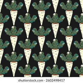Seamless pattern with carrots and decorative tops, created in a stylized graphic design. Suitable for textiles, packaging, culinary projects, children's products, and interior decoration.
