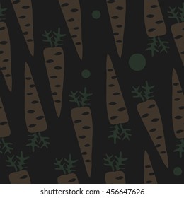Seamless    pattern with  carrots , doodles,  spot, hole,leaves , harvest, ellipses, object. Hand drawn.