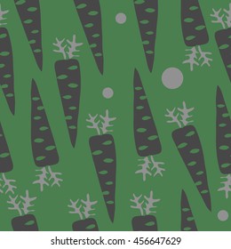 Seamless    pattern with  carrots , doodles,  spot, hole,leaves , harvest, ellipses, object. Hand drawn.