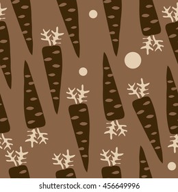 Seamless    pattern with  carrots , doodles,  spot, hole,leaves , harvest, ellipses, object. Hand drawn.