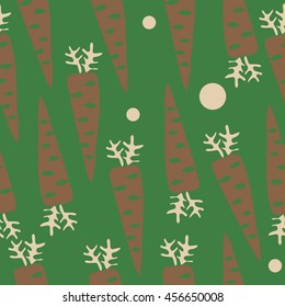 Seamless    pattern with  carrots , doodles,  spot, hole,leaves , harvest, ellipses, object. Hand drawn.