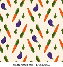 Seamless pattern of carrots, eggplant and leaves, beige background, vegetarianism, raw food