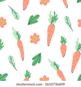 Seamless pattern with carrots and flowers on white background. Flat hand drawn illustration with partial outline. Vector illustration.