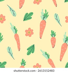 Seamless pattern with carrots and flowers on yellow background. Flat hand drawn illustration with partial outline. Vector illustration.