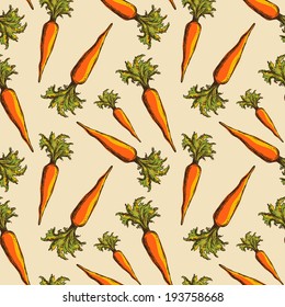 Seamless pattern with carrots. Food background. Endless print texture. Vegetables. Retro. Vintage style. Cartoon hand drawing illustration - vector 