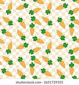 Patrón sin fisuras de zanahorias con hojas verdes, sobre fondo a cuadros crema y blanco para la ropa, decoración del hogar, tela, papel de regalo, y más