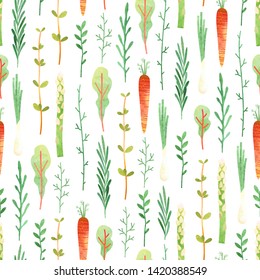 Seamless pattern with carrots and greenery. Vector vertical ornament on white background of watercolor texture. Ingredients healthy eating, vegetarian, farmers market.