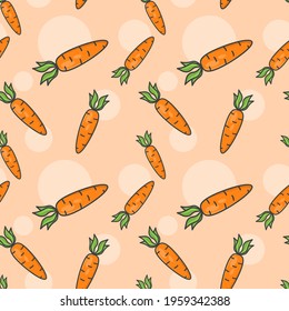 Seamless pattern with carrots. An image of randomly scattered vegetables. Vector illustration on an orange background.