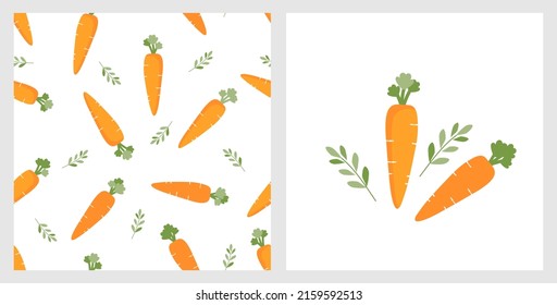 Patrón sin foco con zanahorias y hojas en la ilustración vectorial de fondo blanco. Logo de la zanja aislado en fondo blanco.