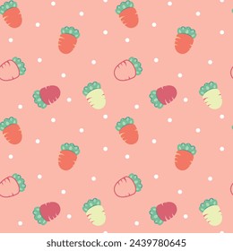 Seamless pattern with carrots in nursery style. They are perfect for baby shower, fabric print, cloth, wrapping paper design, greeting card design, cover design, wallpaper and kids apparel design.