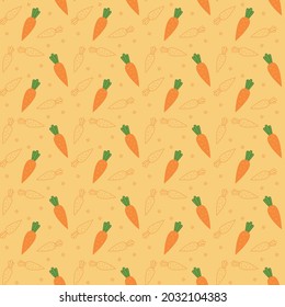 Seamless pattern with carrots on an orange background. Vector illustration with bright vegetables. Cute funny colored carrots. Sample for a nursery, banner, clothing or postcards