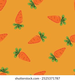 Seamless pattern of carrots on an orange background. Vegetarian healthy eating. Vector illustration in cartoon style for designing children's designs.