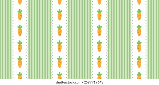 Seamless pattern with carrots on striped green background. Perfect for Easter, spring, farm designs, textiles, wrapping paper, and home decor. Fresh, organic, and nostalgic agricultural style.






