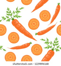 Seamless pattern with carrots on a white background. Fresh vegetables whole, slices and green leaves. Vector illustration in flat cartoon style.