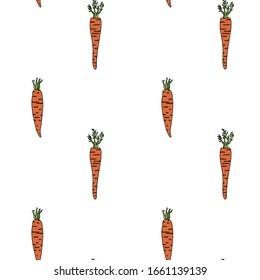 Seamless pattern of carrots. Carrots on a white background. Ripe vegetables.Flat style.For fabric, paper, Wallpaper design.Vector file.