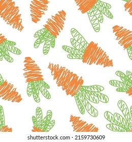 Seamless pattern with carrots on white background.  Vector design for fabric, textile, packaging, website. Flat style vector illustration.
